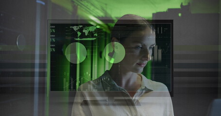 Image of data processing over caucasian female worker in server room
