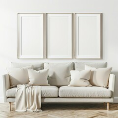 Frame Mockup Wall. Mockup frame in farmhouse living room interior. Interior mockup with rectangular vertical frame hanging on a white textured wall mockup house background.