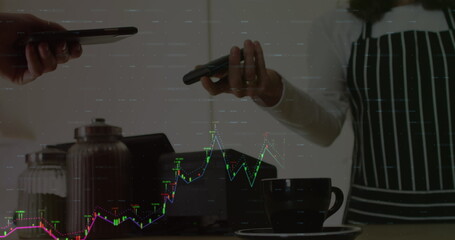 Image of data processing with graph over diverse people paying with smartphone