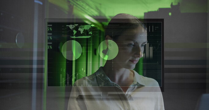 Image of data processing over caucasian female worker in server room