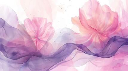 enchanting pink and purple watercolor waves with delicate floral elements dreamy abstract illustration - obrazy, fototapety, plakaty