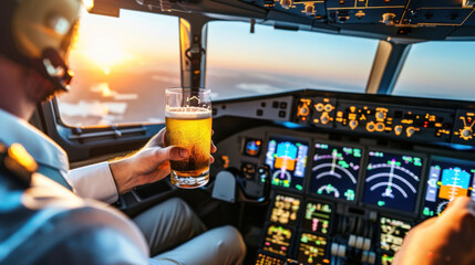 Grotesque image of a commercial pilot drinking beer in flight