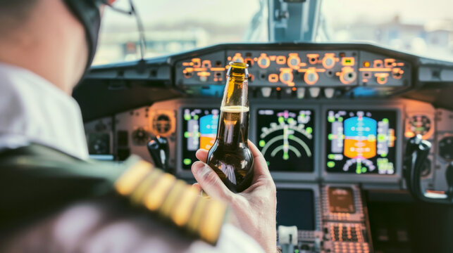 Grotesque image of a commercial pilot drinking beer in flight