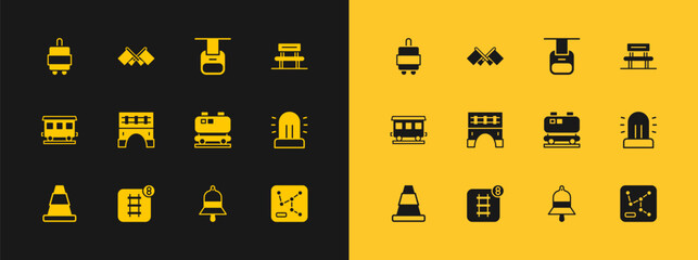 Set Waiting hall, Online ticket booking, Oil railway cistern, Train station bell, Bridge for train, Cable car, Suitcase and Flag icon. Vector