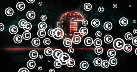 Image of euro symbols over euro icon with computer circuit board on black background