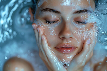 A person using a gentle facial cleanser to remove dirt and impurities from their skin, with water flowing softly promoting clean and clear complexion - obrazy, fototapety, plakaty