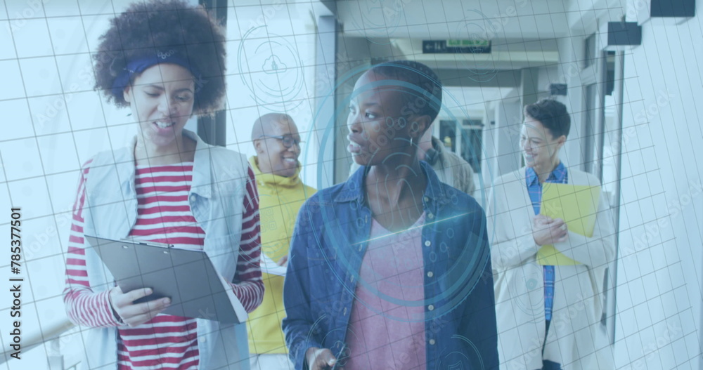 Canvas Prints Image of fingerprint scanning over multiracial colleagues discussing, walking in office corridor