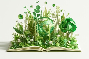 Open book with the world and greenery coming out, with cutout leaves.