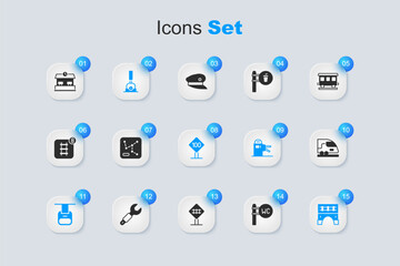 Set Toilet, Railway map, Arrow for switching the railway, Cable car, Bridge train, High-speed, station and Speed limit traffic sign 100 km icon. Vector