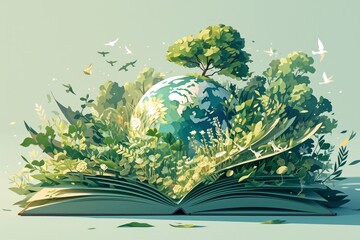 open book with the world and greenery coming out
