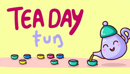 Cute teapot tipping to pour tea into a cup with 'Tea Day Fun' text, playful and adorable.