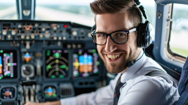 Confident commercial pilot in cockpit