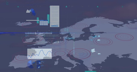 Image of graphs and charts processing data over world map on black background