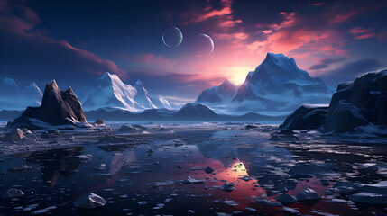 Fantasy alien planet. Mountain and lake. 3D illustration. - obrazy, fototapety, plakaty