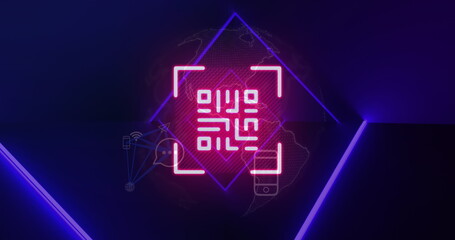 Image of pink neon qr code, blue neon lights and connected media icons on black background