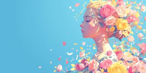 Woman with flowers on blue background banner for women's day
