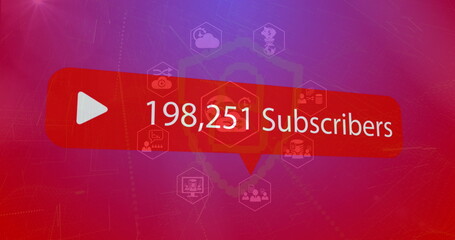 Image of social media subscribers notification over global business icons, on red and blue