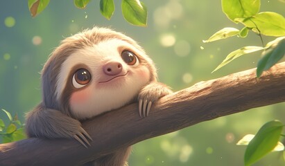 Cute sloth hanging on a tree branch.