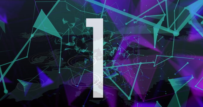 Image of countdown over plexus network against world map on black background
