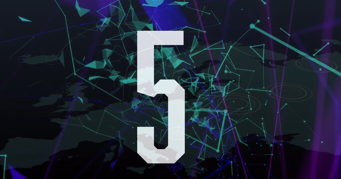 Image of countdown over plexus network against world map on black background - Powered by Adobe