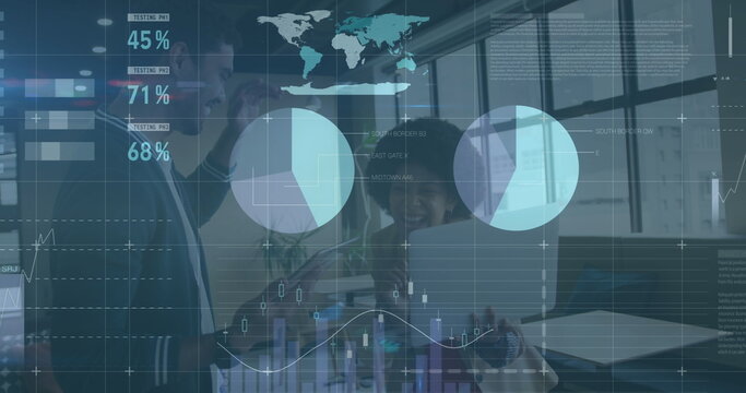 Image of data processing over diverse business people at office