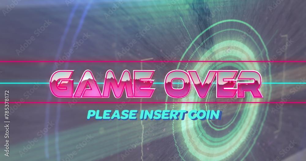 Fototapete image of game over please insert coin text over light trails and circles