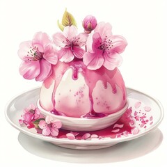 Fototapeta na wymiar A beautiful watercolor painting of a pink cake decorated with cherry blossoms.