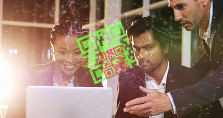 Image of connected dots and qr code over multiracial coworkers discussing over laptop in office