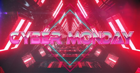 Image of cyber monday text over neon tunnel