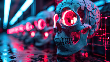 Psychedelic cybernetic skulls with neon glowing eyes - obrazy, fototapety, plakaty