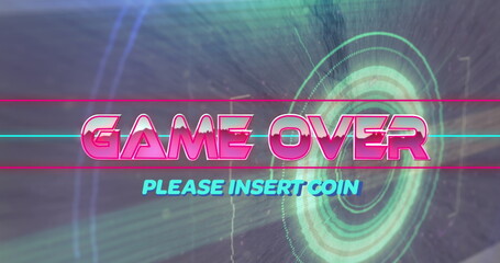 Image of game over please insert coin text over light trails and circles