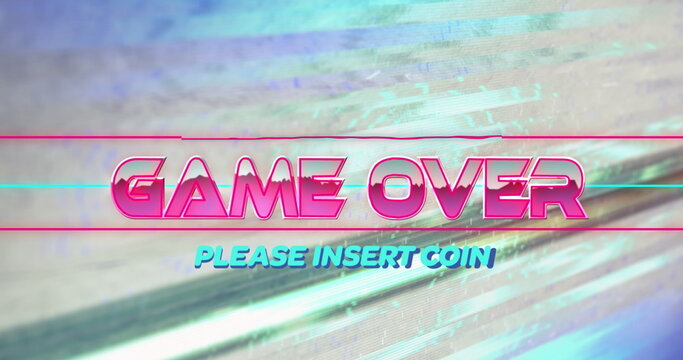 Image of game over please insert coin text over light trails and circles - Powered by Adobe