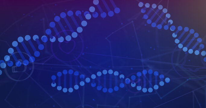 Image of dna strands with data processing over network of connections