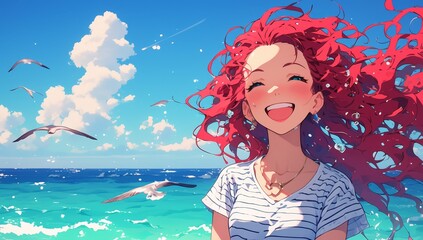 Obraz na płótnie Canvas A beautiful woman with red hair, laughing on the beach in front of the ocean, wearing a white striped shirt. 