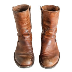 Pair of Worn Brown Leather Boots Standing Upright, Representing Rugged Fashion and Durability.