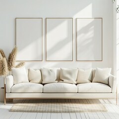 Frame Mockup Wall. Mockup frame in farmhouse living room interior. Interior mockup with rectangular vertical frame hanging on a white textured wall mockup house background.