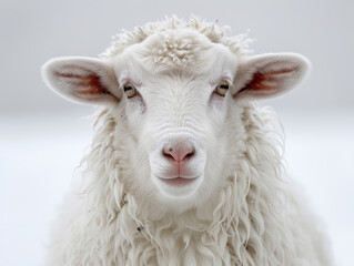 A white sheep with a fluffy coat and a curious expression. The sheep is looking directly at the...