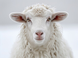 Obraz premium A white sheep with a fluffy coat and a curious expression. The sheep is looking directly at the camera, making it seem like it is curious about the photographer