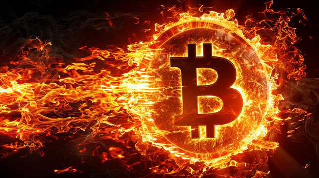 Bitcoin on fire, symbol of rapidly growing price