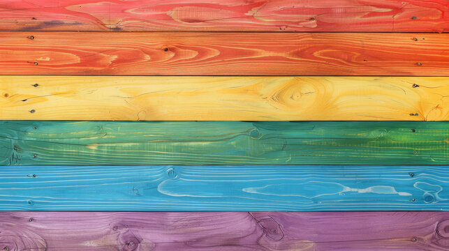 Wooden board table with the rainbow LGBT gay flag colors, background, wallpaper, backdrop