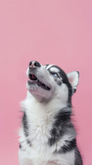 A dog with a pink background is looking up at the camera. The dog has a black and white coat and a blue eye