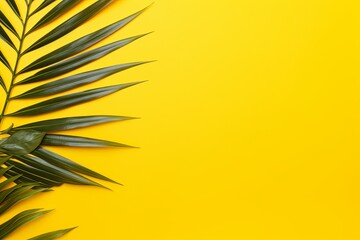 Fototapeta na wymiar Palm leaf on a yellow background with copy space for text or design. A flat lay, top view. A summer vacation concept