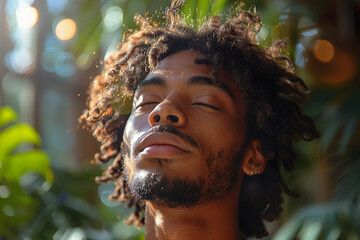 A serene scene of someone practicing deep breathing exercises while applying a scalp serum to nourish and rejuvenate their scalp, promoting relaxation and scalp health - obrazy, fototapety, plakaty
