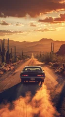 Selbstklebende Fototapeten A black car is driving down a dirt road in the desert. The sun is setting in the background, casting a warm glow over the scene. The car is leaving a trail of smoke behind it © Kowit