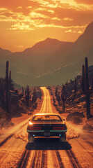 A car is driving down a desert road at sunset. The car is a black Mustang with a license plate that reads 