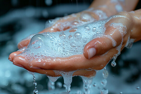 A person using a gentle body wash to cleanse their skin, with soft bubbles promoting cleanliness and hydration