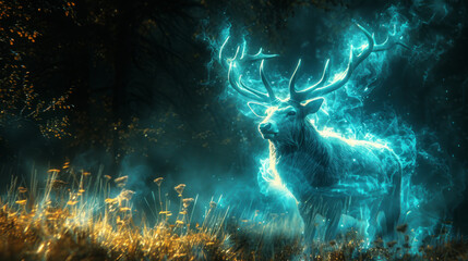 Glowing deer in magic forest - obrazy, fototapety, plakaty