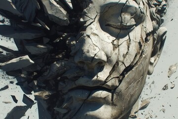 a broken marble statue head, pieces falling off the face