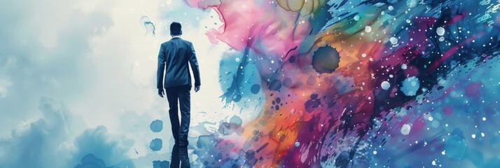 Man walking into vibrant abstract world - Illustration of a businessman stepping into a realm filled with splashes of colorful paint and abstract forms - obrazy, fototapety, plakaty