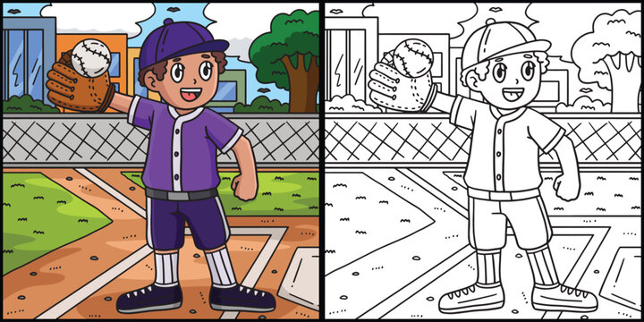 Boy Raising Baseball Coloring Page Illustration